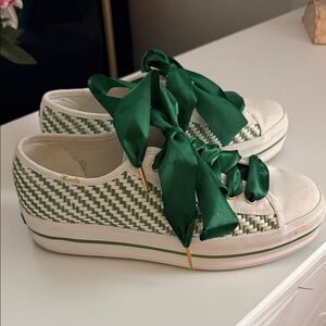 kate spade Green and White Woven Platform Sneakers with Satin Ribbon Laces